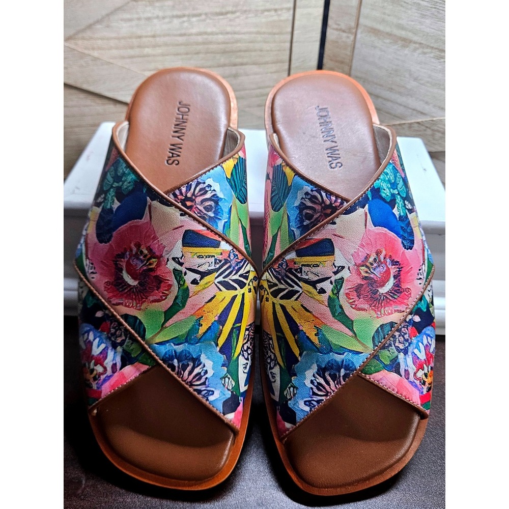 Johnny Was Sandals 8M Multicolor Layla X Band Sandals Slides Floral Boho #608
